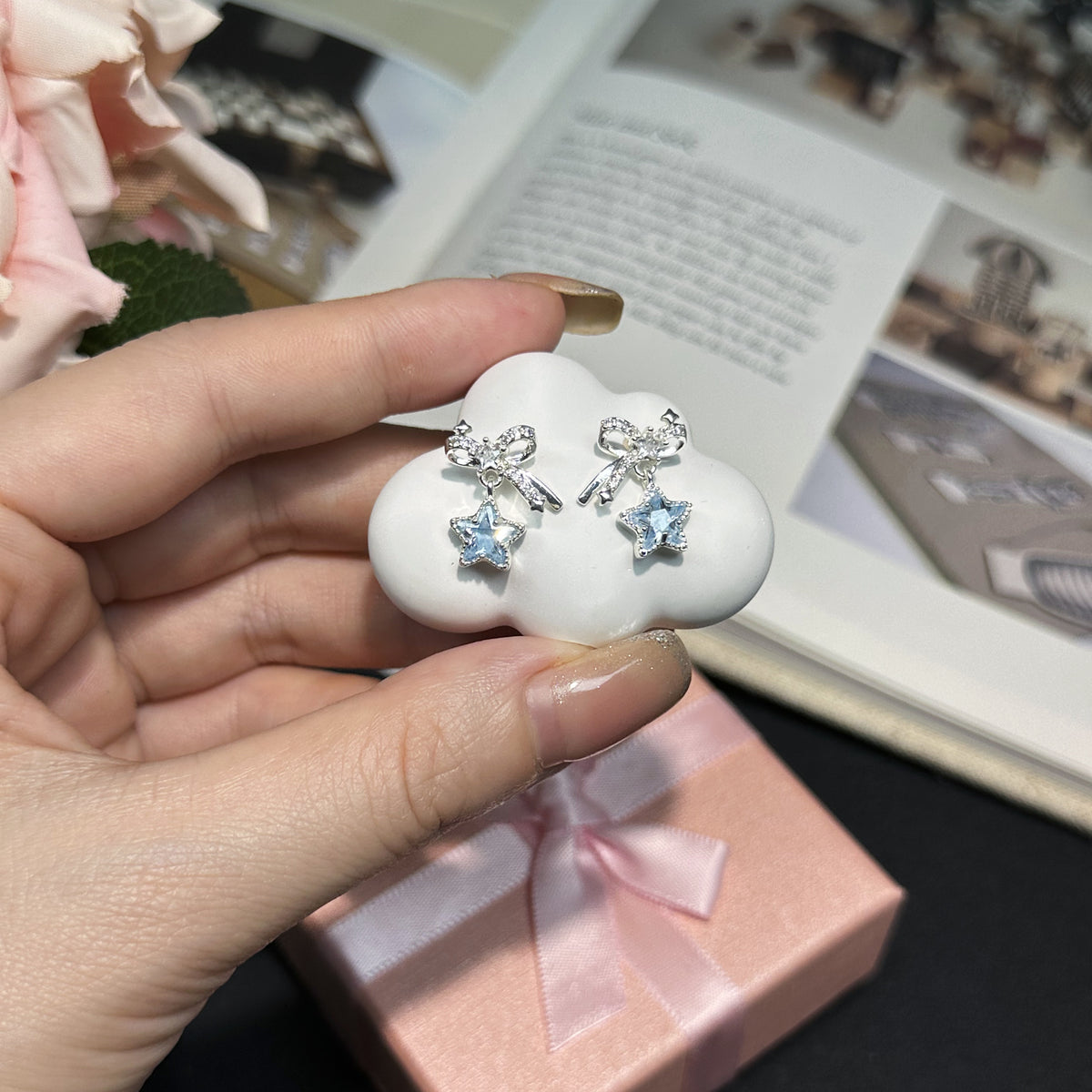 Star Moon Butterfly Jewelry Set | Silver Blue Crystal Necklace Earrings Ring Set