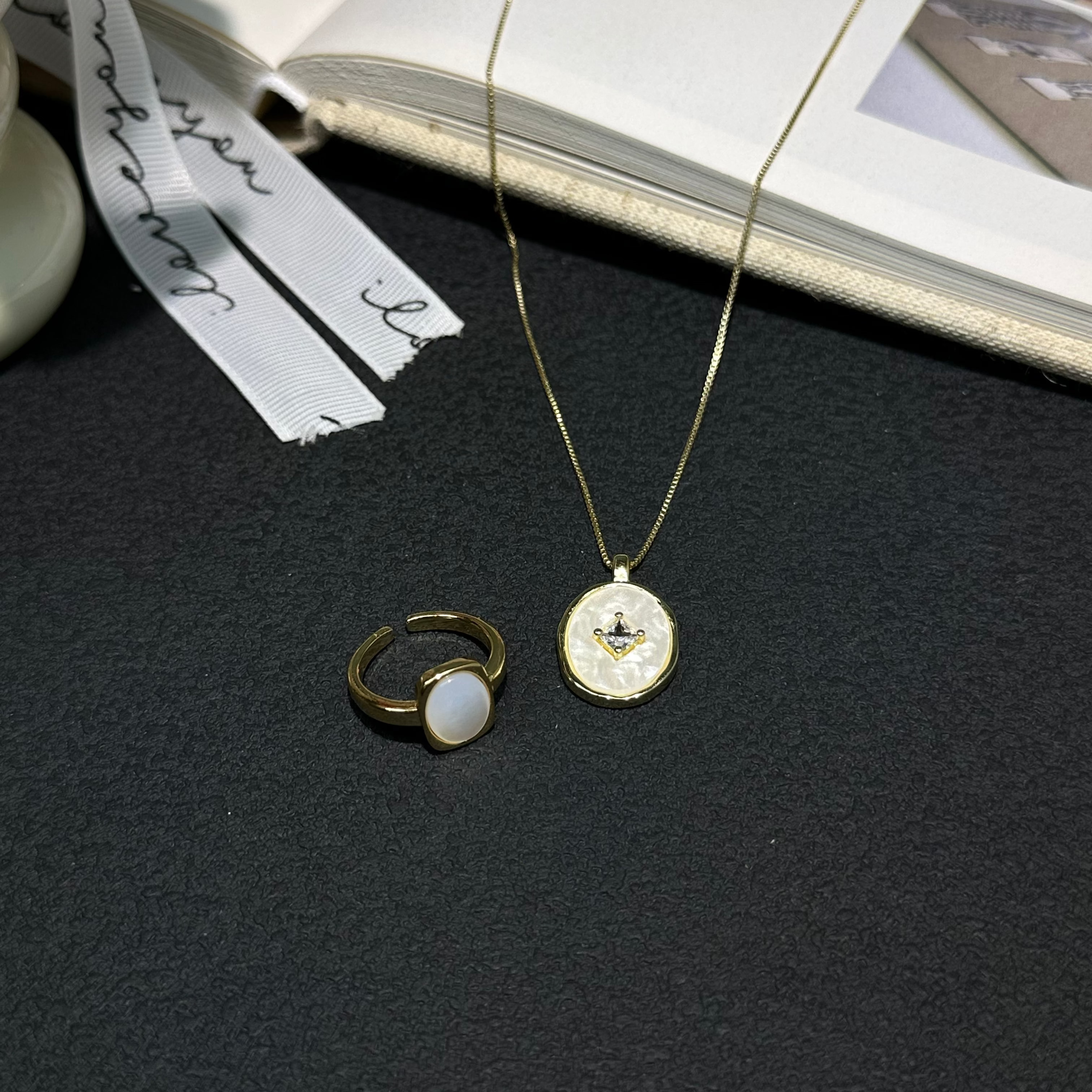 Mother of Pearl Gold Jewelry Set | Vintage Coin Necklace & Ring Set