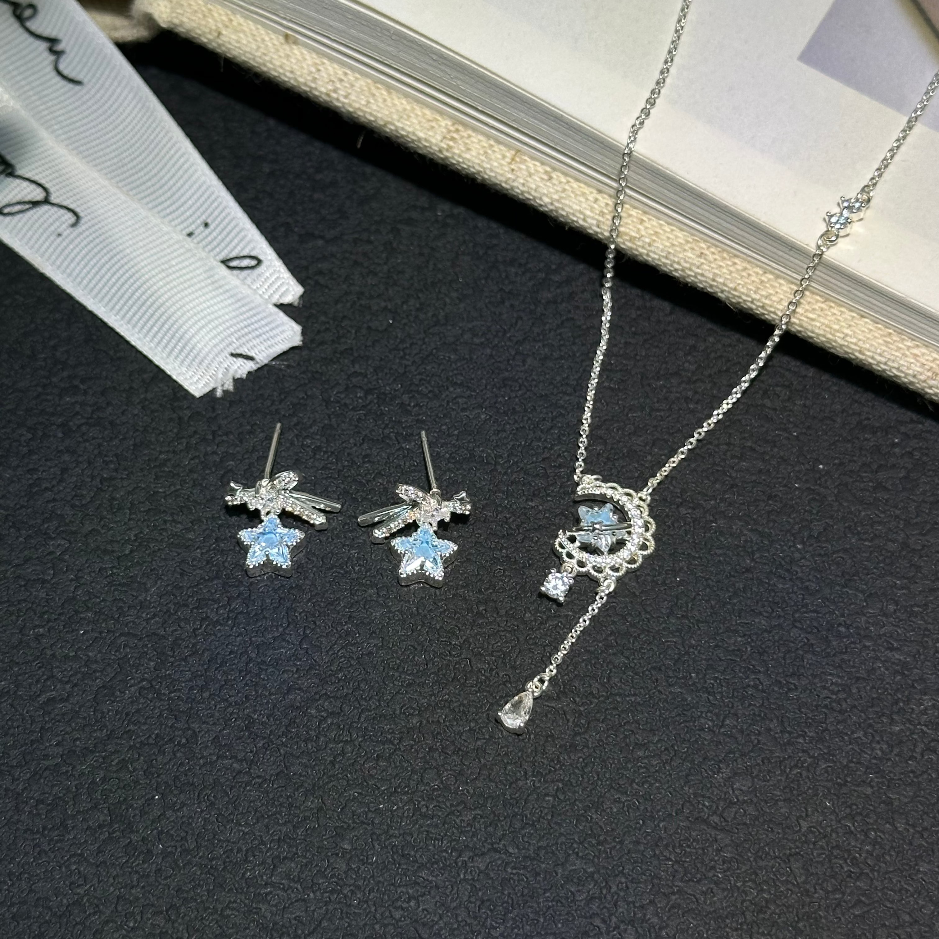 Star Moon Butterfly Jewelry Set | Silver Blue Crystal Necklace Earrings Ring Set