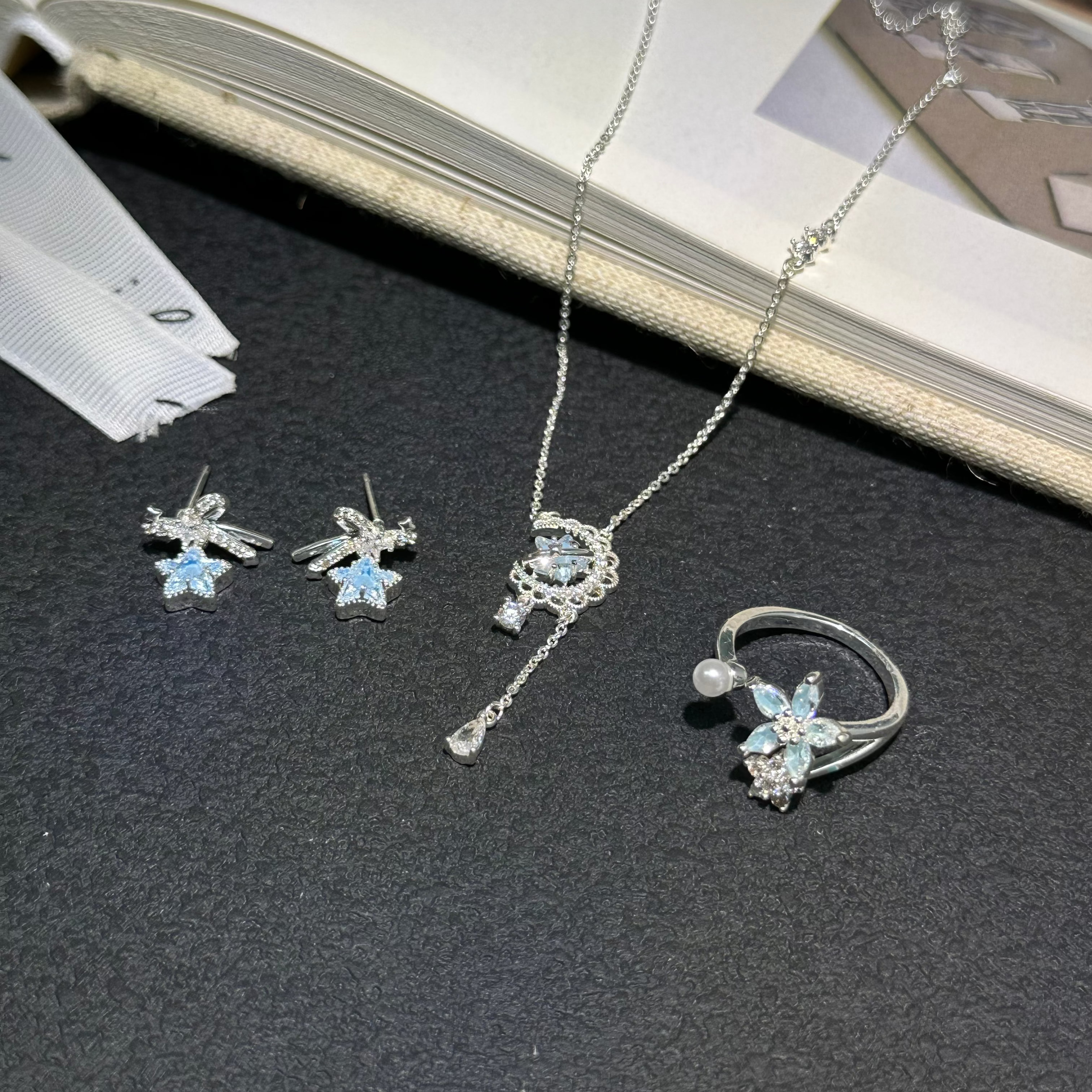 Star Moon Butterfly Jewelry Set | Silver Blue Crystal Necklace Earrings Ring Set