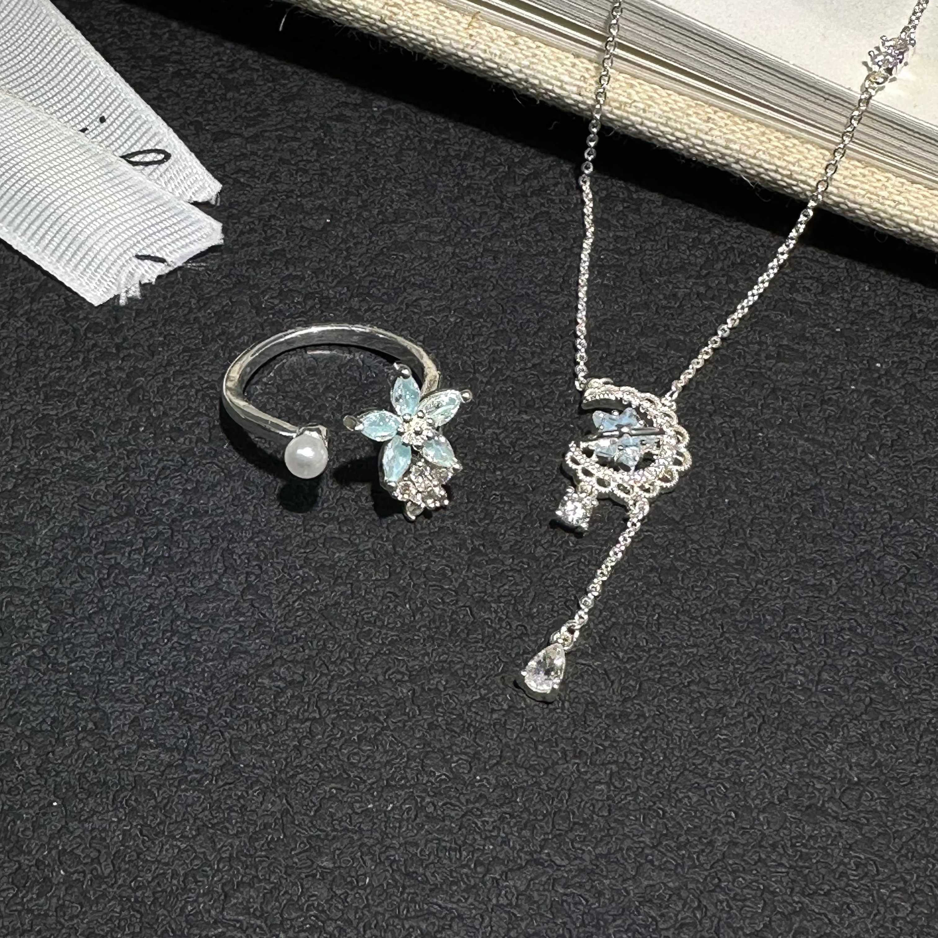 Star Moon Butterfly Jewelry Set | Silver Blue Crystal Necklace Earrings Ring Set