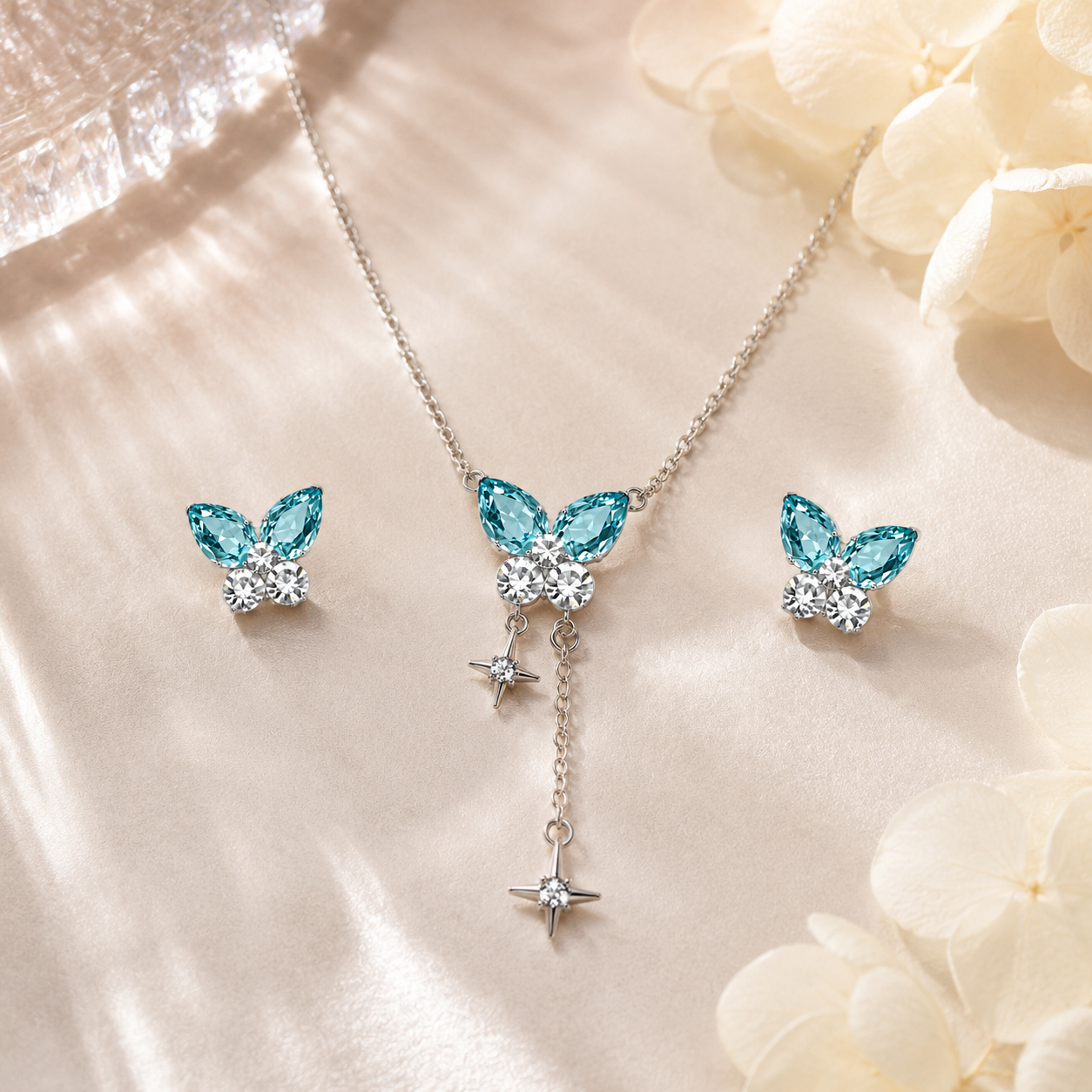 Romantic Aqua Blue & White Crystal Butterfly Tassel Jewelry Set - Fashion Necklace & Earrings Set for Women