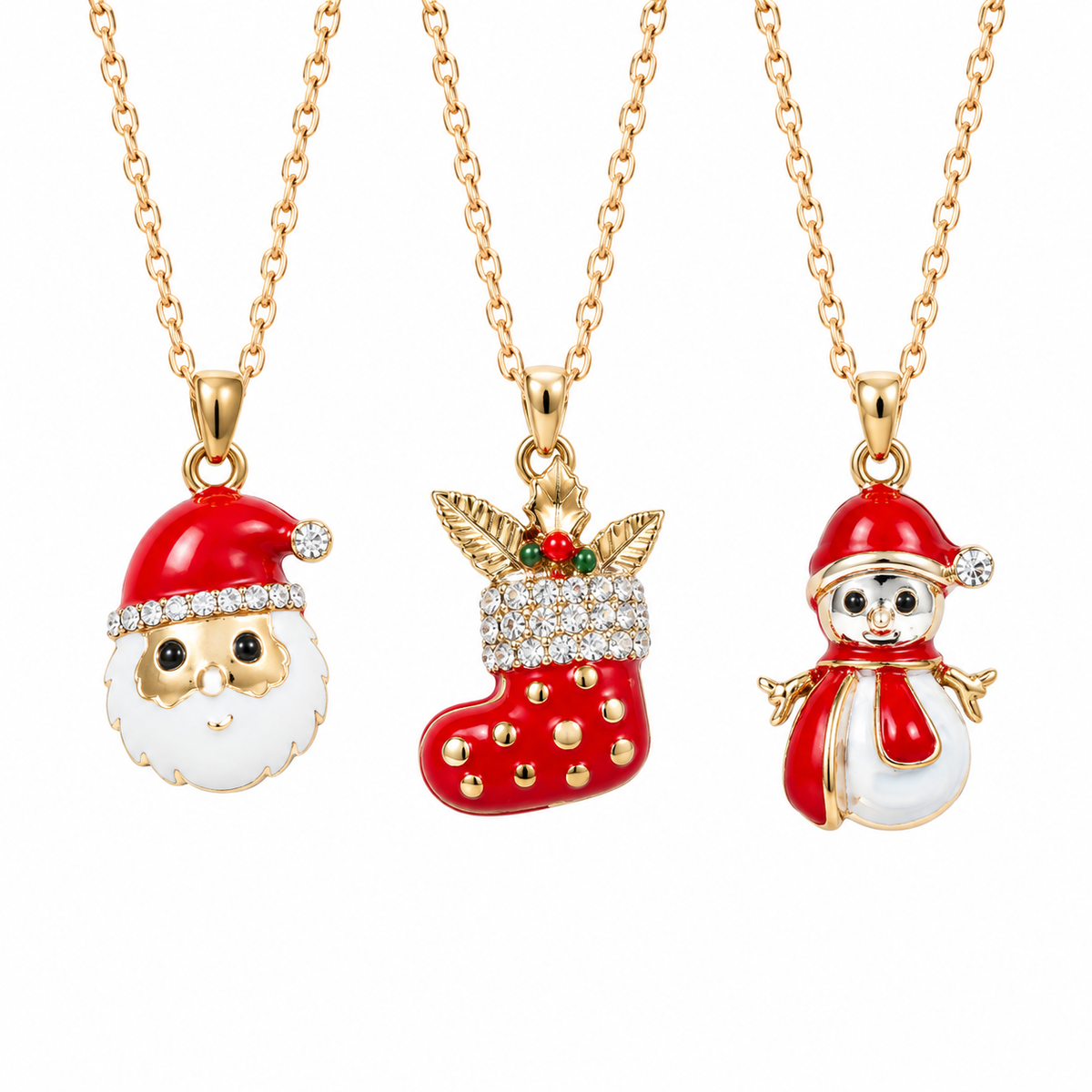 Christmas Necklace | Santa Snowman Stocking Gold Holiday Jewelry
