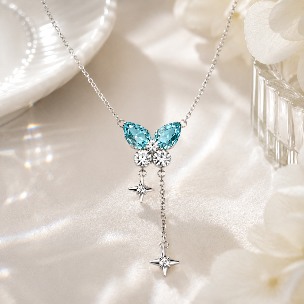Romantic Aqua Blue & White Crystal Butterfly Tassel Jewelry Set - Fashion Necklace & Earrings Set for Women
