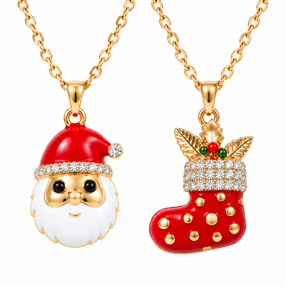 Christmas Necklace | Santa Snowman Stocking Gold Holiday Jewelry