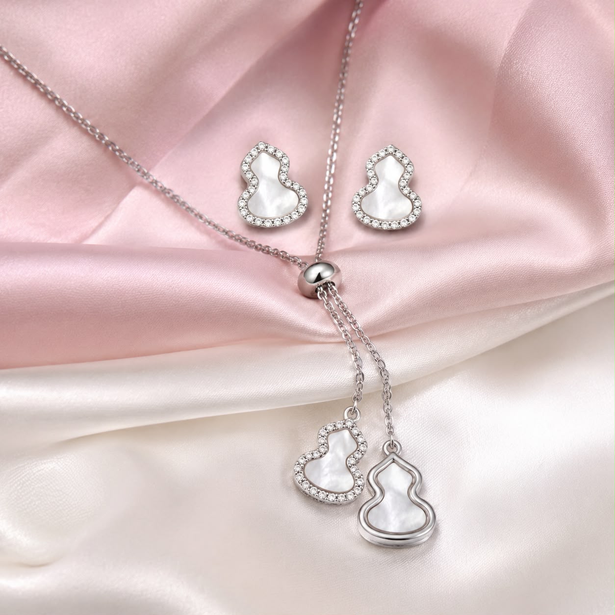 Elegant Mother of Pearl Wulu Pendant Necklace & Earrings Jewelry Set - Lucky Gourd Crystal Set