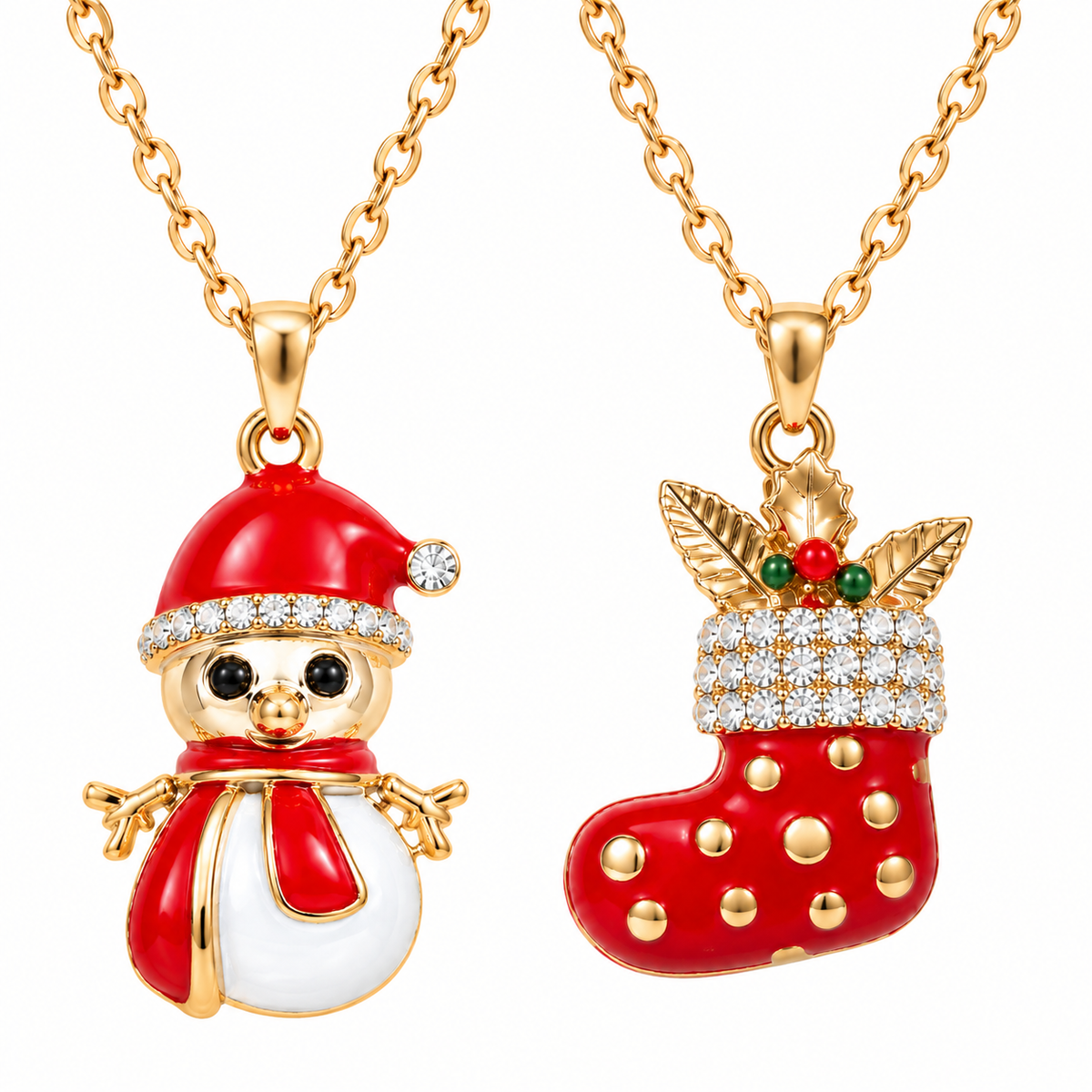 Christmas Necklace | Santa Snowman Stocking Gold Holiday Jewelry